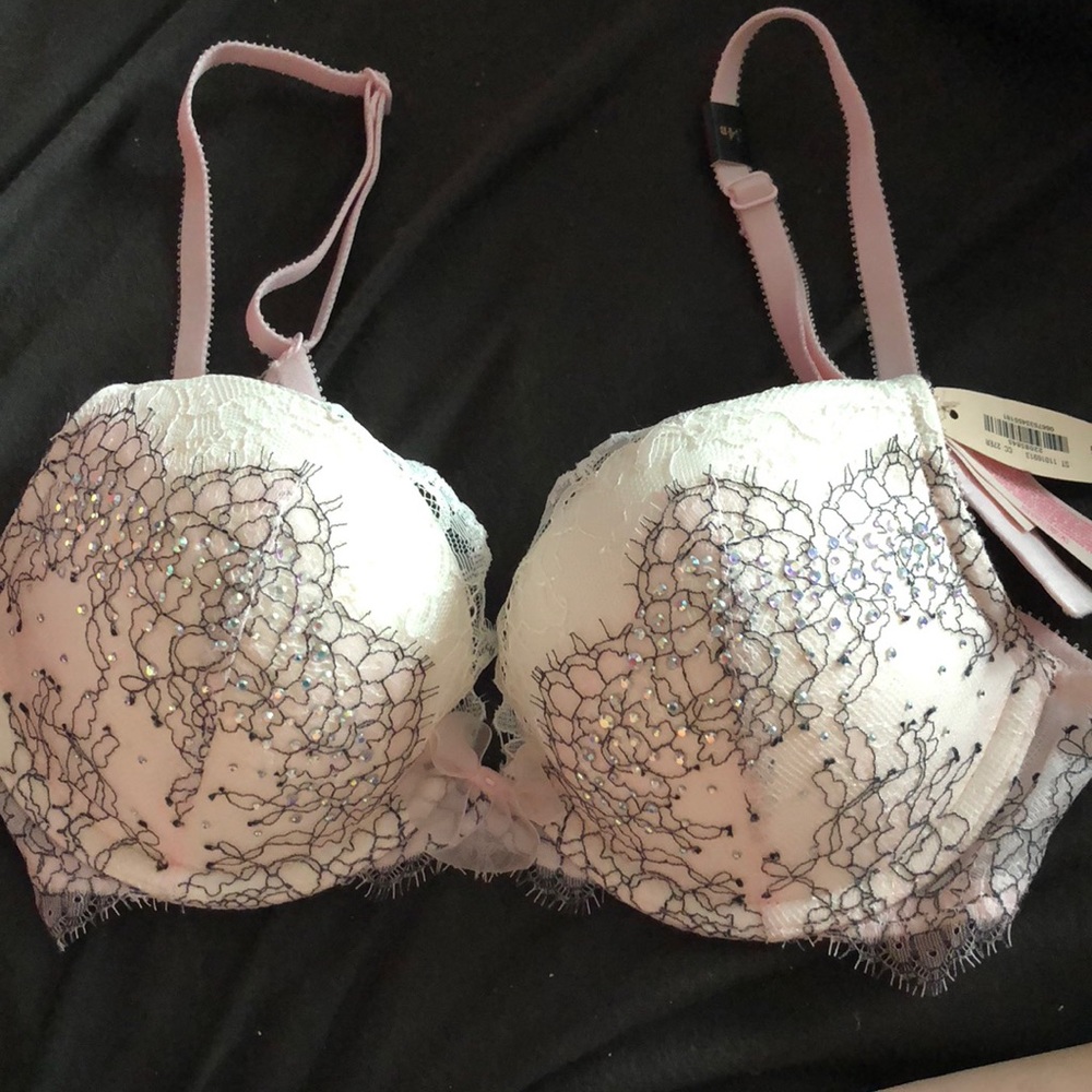 Black, pink, white lace rhinestone bra!